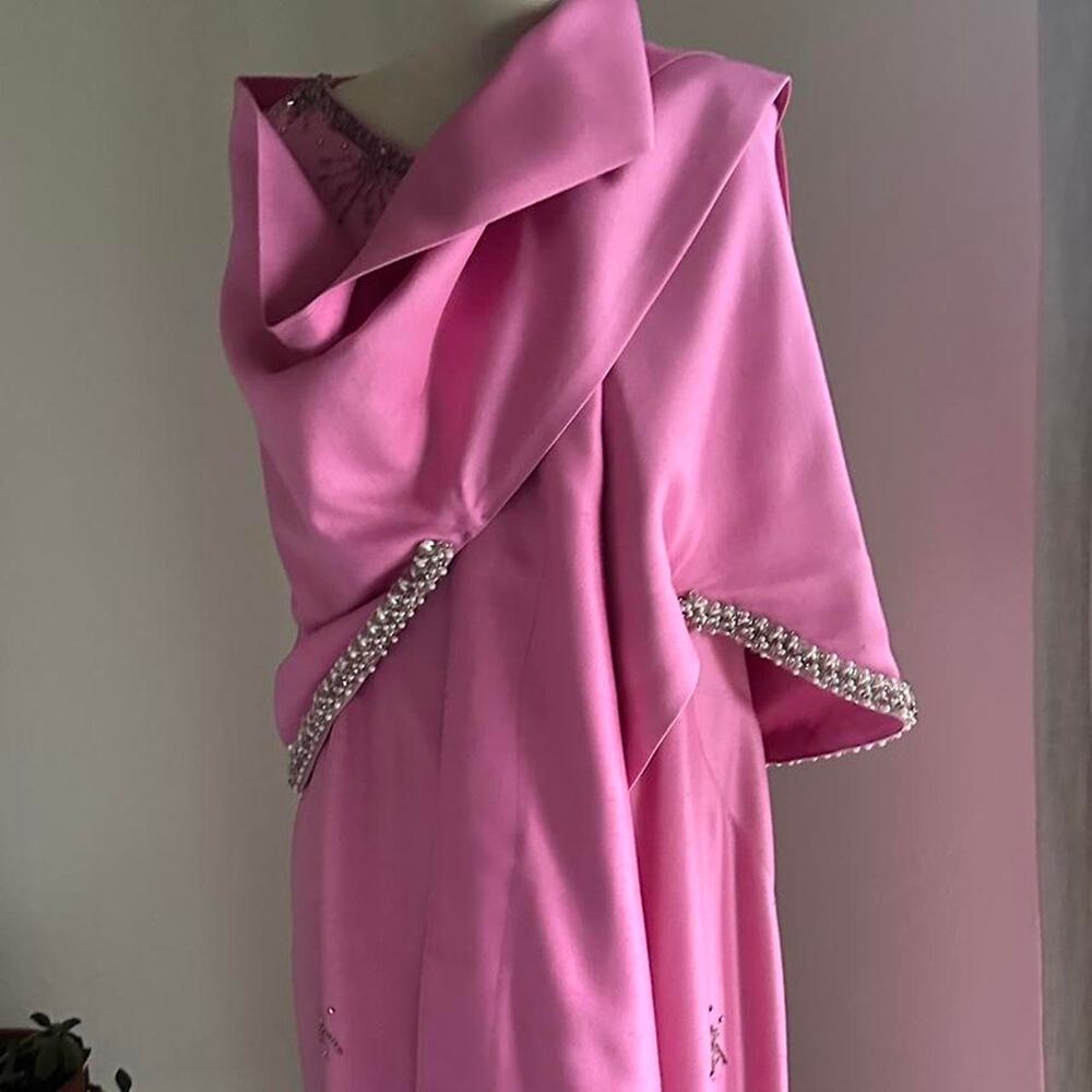 Women’s Large Dress Rose Pink Structured Full Silk Beaded Gown & Stole 1970s - Picture 5 of 7